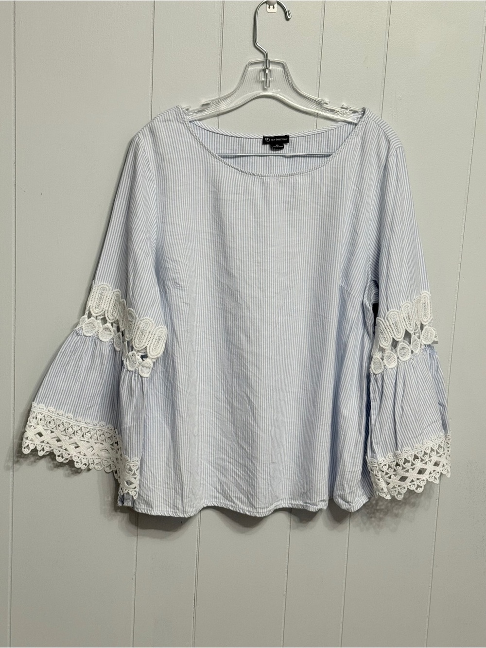 #15) Cotton Light Blue Striped Lace Bell Sleeve Top